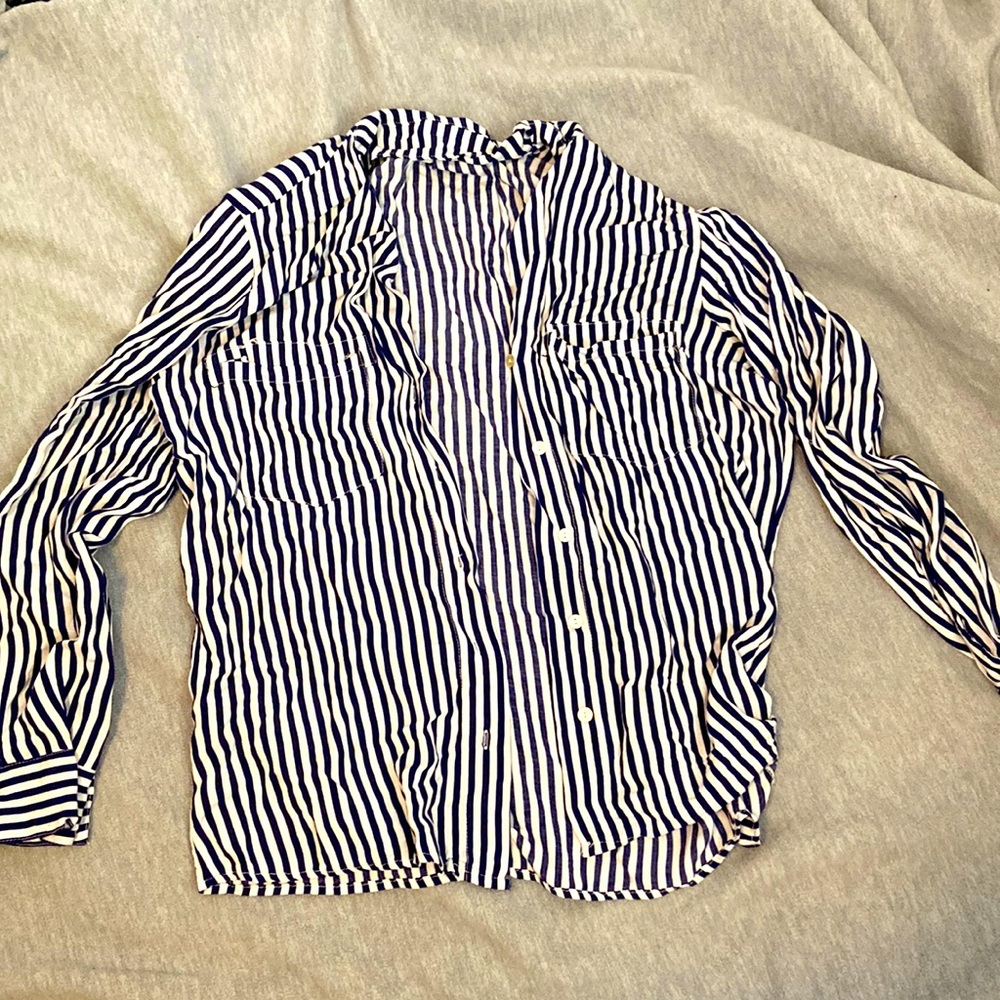 Navy blue and white striped button-up